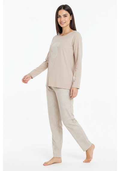 Üstü Yazılı Altı Yuvarlak Desenli Elite Viscose Uzun Pijama Takımı Krem 3560 Bej