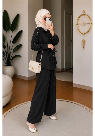 Hira Life Fashion Kadın Kolu Taş Detaylı Bel Bağlamalı Salaş Keten Gömlek Pantolon İki 'li Şık Takım Siyah Siyah Hira Life Fashion Kadın Kolu Taş Detaylı Bel Bağlamalı Salaş Keten Gömlek Pantolon İki 'li Şık Takım Siyah Siyah
