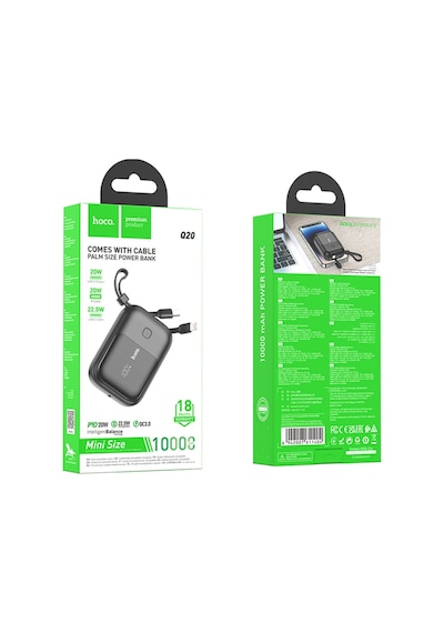 Hoco Q20 Fountain 10000mah 22.5w+pd20w Dijital Göstergeli Kablolu Powerbank Siyah Siyah