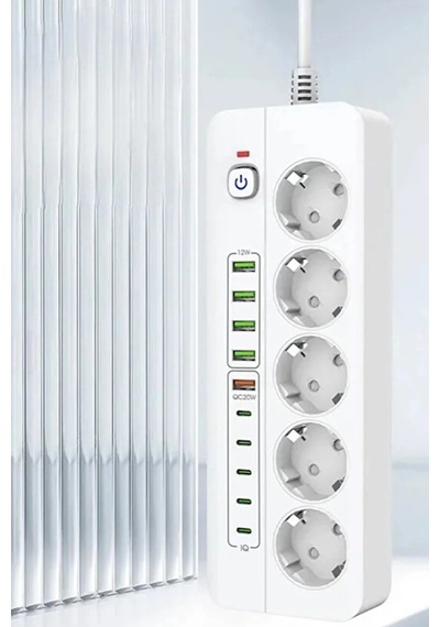 3500w Akım Korumalı 5 Li Grup Priz: 5x Usb + 5x Type-c Çıkışlı 2 Metre 0