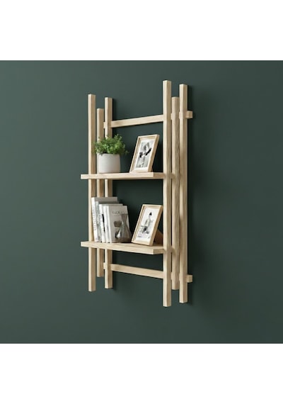 Köknar Masif Ahşap Duvar Rafı - 60x40 Cm Yapışkanlı Raf - Demonte Dekoratif Kitaplık Bej