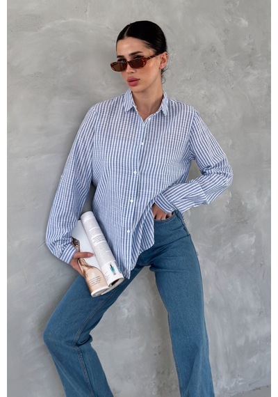 Femelle Kadın Mavi Çizgili Slim Fit %100 Pamuk Gömlek