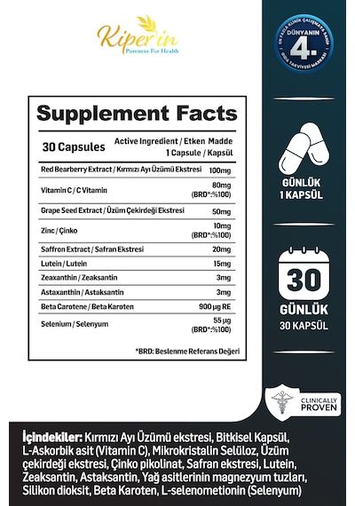 Kiperin Vision Göz & Net Görüş Çinko, Selenyum, Astaksantin, Lutein, Safran.. 30 Günlük
