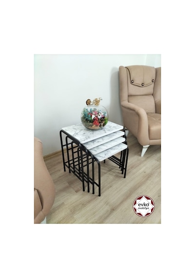 Evko Mobilya Buket Sehpa, 4'lü Zigon Sehpa, Servis Sehpası, Iç Içe Geçen Sehpa, Ahşap Sehpa, Dikdörtgen Sehpa Beyaz Mermer