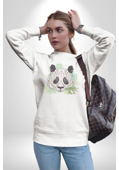 Panda Mandala Unisex Beyaz Baskılı Sweatshirt Beyaz