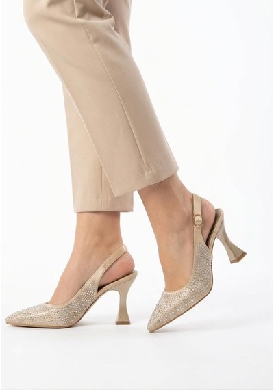 Asmi Shoes Kadın Monica Taşlı Bej Saten 7 Cm İnce Topuklu Ayakkabı & Stiletto