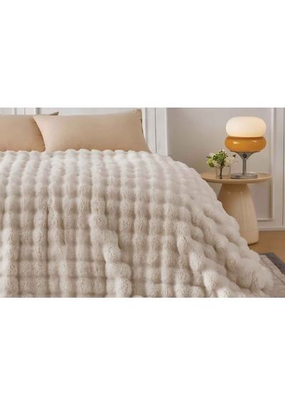 Merinos Angora Kürk Bubble Tavşan Tüyü Battaniye 220x240 Kutulu Bej
