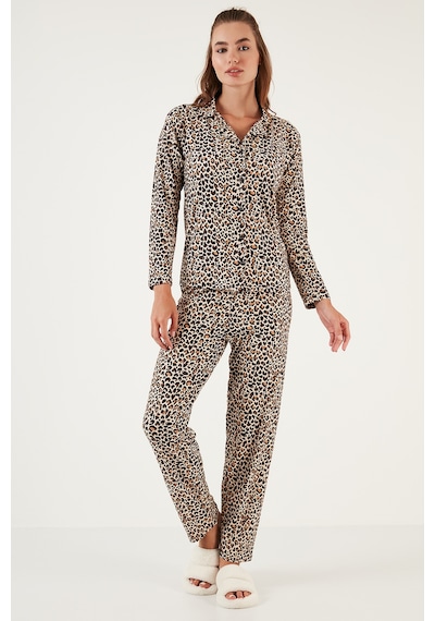 Lela Desenli Beli Lastikli Gömlek Yaka Dokuma Bayan Pijama Takımı 6095660W4 Leopar