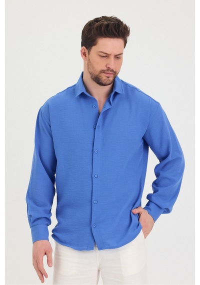 Cool Tarz Erkek Slim Fit Dar Kalıp Uzun Kol Pamuklu Keten Efekt Gömlek Saks Mavi Saks Mavi