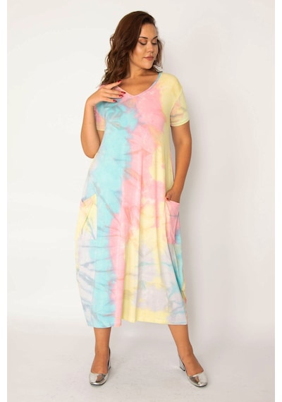 Şans Kadın Saks Batik Desen V Yaka Cepli Elbise 65n33979-mor Mor