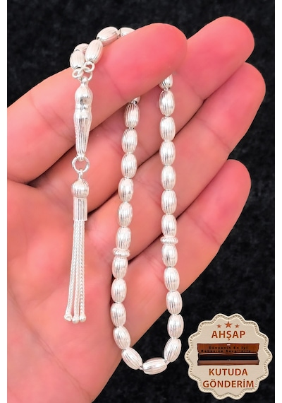 Gümüş Tesbih Erkek Çizgili Arpa Kesim Gümüş Tesbih 925 Ayar St380 Gümüş