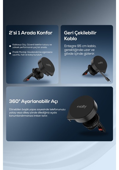 Kablosuz Araç Şarjı Ve Tutucu 15w, Manyetik, Geri Çekilebilir Kablo, 360 , 99g V0106001