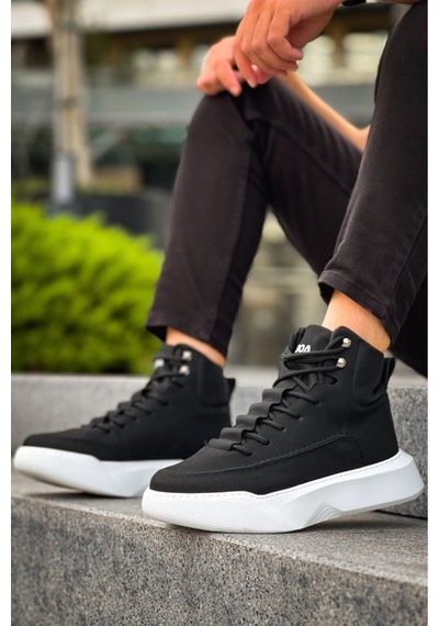 DMR Elegance Ba0321 Gizli Bağcıklı Erkek Yüksek Taban Siyah Beyaz Spor Bot Rekli