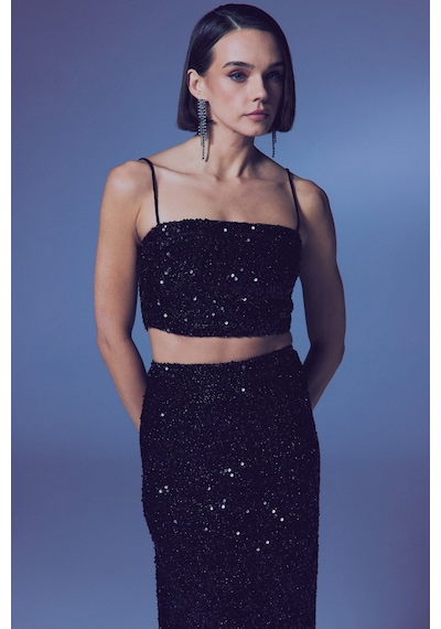 Sateen İp Askılı Payet Crop - Siyah-135639 Siyah