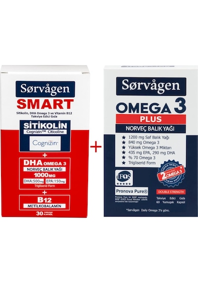 SORVAGEN SMART SİTİKOLİN, DHA OMEGA 3, B12 (30 KAPSÜL) + SORVAGEN OMEGA 3 PLUS NORVEÇ BALIK YAĞI