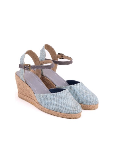 Star Tombis Gerçek Elişi Topuğu Açık Bilekten Bantlı Dolgu Topuk Keten Hasır Espadril Handmade Buz Mavi Açık Mavi