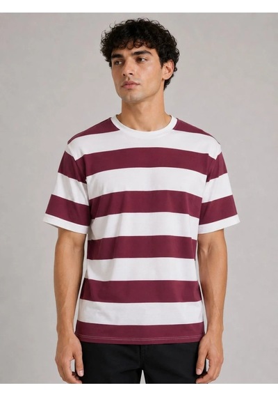 Tarz Yeri Erkek Çizgili Oversize Tişört Bisiklet Yaka Kısa Kol Yazlık T-shirt - Bordo