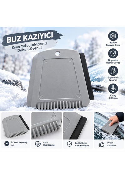 Arkado Araç Buz Kazıyıcı Gri Plastik Buz Temizleme Aparatı Lastik Kenarlı Kışlık Oto Aksesuarı