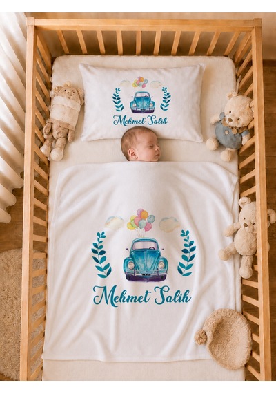 Pia Baby İsme Özel Erkek Bebek Tulum Seti %100 Pamuk Organik Baskılı Yastık Kılıfı Ve Battaniyeli Tulum 2078tyb3x Ekru