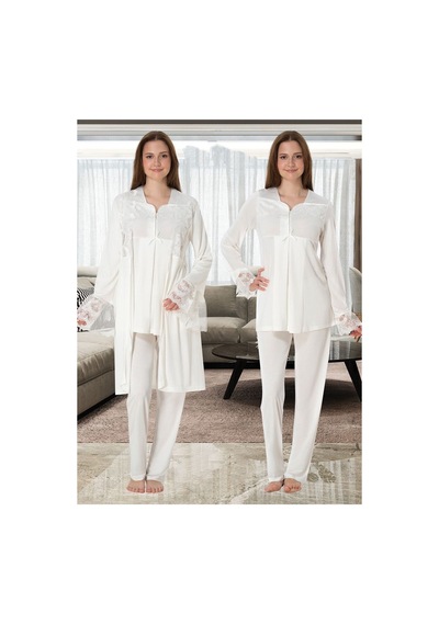 Effortt Dvina Lohusa Hamile Sabahlık Ve Uzun Kollu Pijama Takımı - 3'lü Set - Ekru Ekru