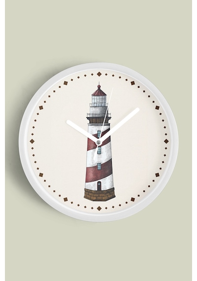 Deniz Feneri Modern Duvar Saati - 35cm - Önü Camlı Beyaz Kasa - Sessiz Mekanizma Beyaz