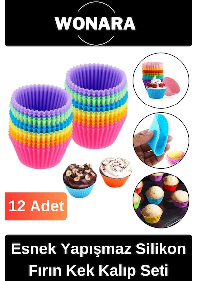 Premium Yüksek Isıya Dayanıklı Esnek Yapışmaz 12 Li Silikon Fırın Muffin Cupcake Kek Kalıp Seti