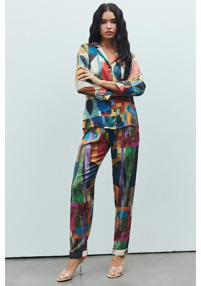 Amour Coloré Desenli Uzun Saten Pijama Takımı Desenli