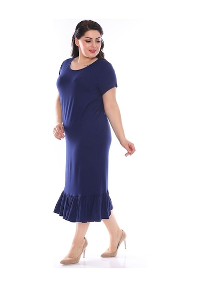 Lacivert Eteği Fırfırlı Büyük Beden Elbise 8D-0949 Lacivert