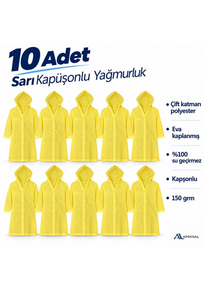 10 Adet Sarı Kapüşonlu Yağmurluk Su Geçirmez İş Kamp Seyahat Motosiklet Acil Durum Şeffaf
