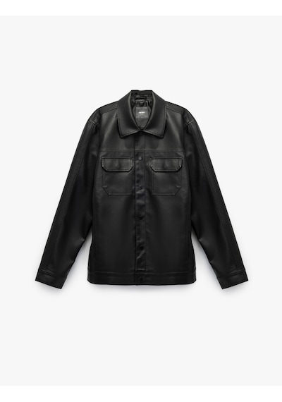 Koton Klasik Yaka Kapaklı Cep Detaylı Uzun Kollu Slim Fit Suni Deri Ceket Siyah 6wam20100hw Siyah