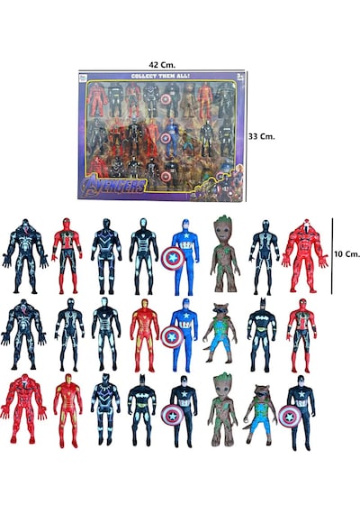 Avengers 24'lü Süper Kahramanlar Seti Taş Adam Thanos Örümcek Adam Hulk Kara Panter Venom Batman Demir Adam 12 Cm. Avengers Karakterleri