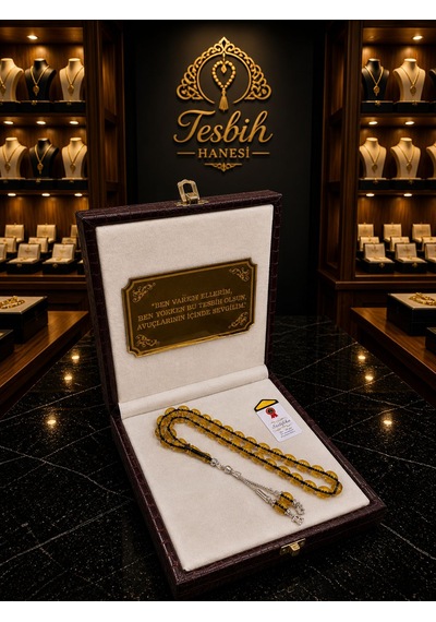 Tesbih Hanesi Ateş Kehribar Tesbih Harfli Kişiye Özel Seri Sıkma Kehribar Tesbih Usta Işi Tesbih Gümüş Kaplama Hediye Sarı