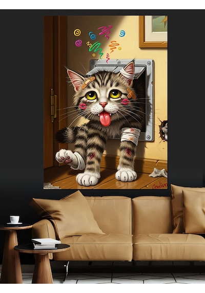 Ahşap Tablo Kapıdan Çıkan Komik Dil Çıkaran Kedi Hayvan Tabloları