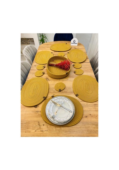 Jüt Hasır Amerikan Servis Oval Supla Bardak Altı Ve Sepet 13 Parça Gold Gold