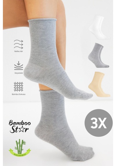 Bamboo Star Bambu Kadın Lastiksiz Soket Dikişsiz Premium Çorap 3'lü Asorti Paket Sıkmayan Çorap / İz Bırakmaz Karışık