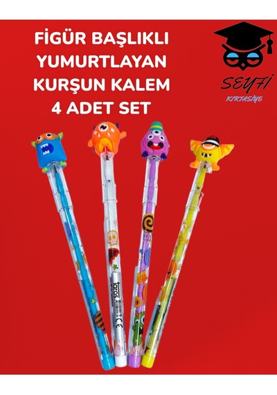 Figür Başlıklı Yumurtlayan Kurşun Kalem 4 Adet Set Çok Renkli