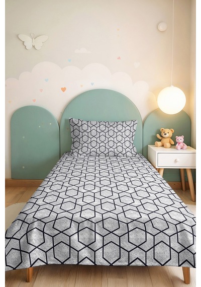 Geometrik Gri Desenli Genç Odası Tek Kişilik Pike Takımı-antrasit Minimal 160x220 Cm Yatak Örtüsü Kırsal Saman Sarmalı