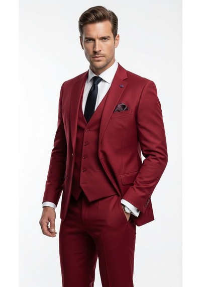 Erkek 3 Parça Slim Fit Takım Elbise Klasik Likralı Kumaş, Tek Düğme, Çift Yırtmaçlı Modern Kesim Ceket Yelek Pantolon Bordo Erkek 3 Parça Slim Fit Takım Elbise Klasik Likralı Kumaş, Tek Düğme, Çift Yırtmaçlı Modern Kesim Ceket Yelek Pantolon Bordo