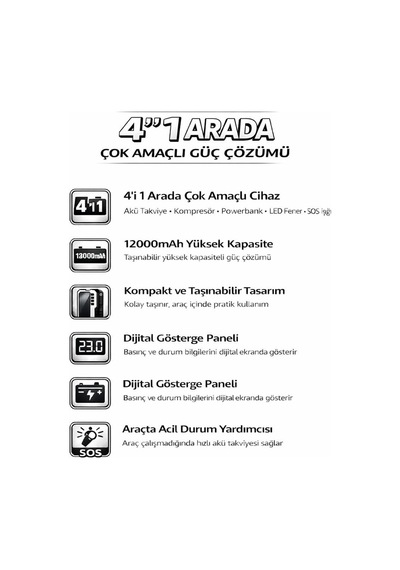Cs68 Plusmax 12000mah Akü Takviye Ve Lastik Şişirme Kompresörü 4'ü 1 Arada Araç Jump Starter, Powerbank, Led