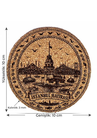 Doalino Ahşap Stantlı 6'lı Premium Mantar Bardak Altlığı Seti - Istanbul Hatırası Açık Kahverengi