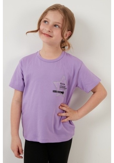 Lela Baskılı Bisiklet Yaka Pamuklu Kız Çocuk T Shirt 6211046 Lila