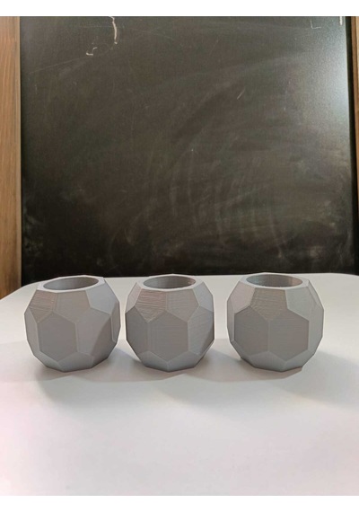 3 Lü Gri Geometrik Tasarımlı Dekoratif Mumluk Seti Modern Ve Minimal Gri