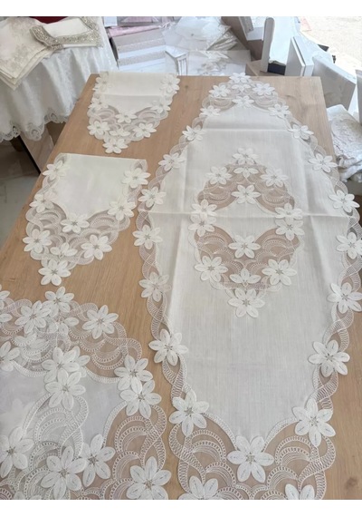 Salon Takımı Çeyizlik Runner Set 5 Parça Keten Masa Örtüsü Runneri Lüx Evita Diğer