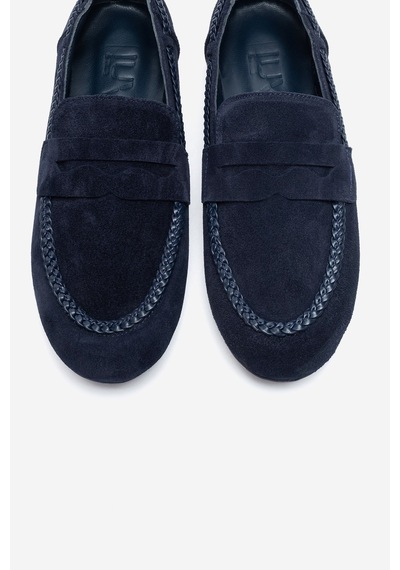 Luvi Shoes Francıs Lacivert Süet Hakiki Deri Örgü Detaylı Kadın Loafer Ayakkabı