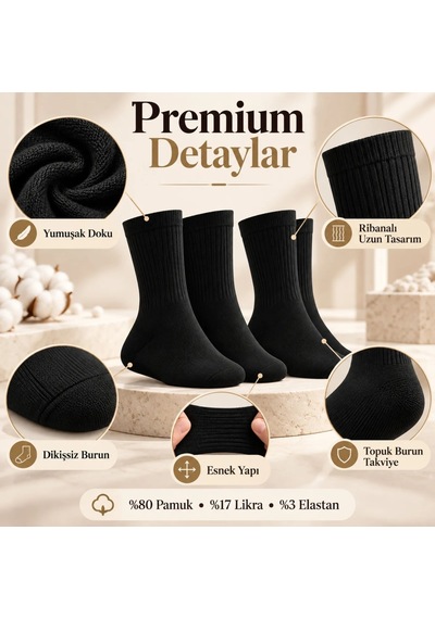 Teorastore Unisex Siyah Soket Çorap 3'lü Set Düz Basic Ribanalı Günlük Spor Esnek Rahat Uzun Çorap Konforlu Set