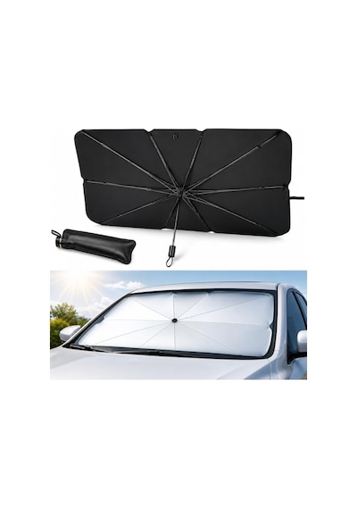 Katlanabilir Şemsiye Tasarımlı Uv Işınlarına Dayanıklı Oto Ön Cam Araba Güneşliği 140x79 Cm
