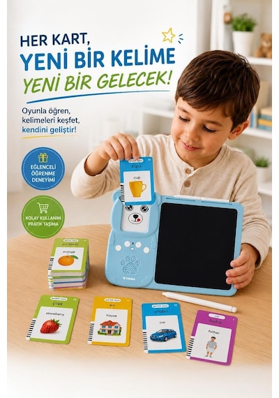 İngilizce Sesli Erken Eğitim Çocuk Tableti 8 İnç Lcd Çizim Tahtası 112 Çift Taraflı Kartlı Y5 Mavi