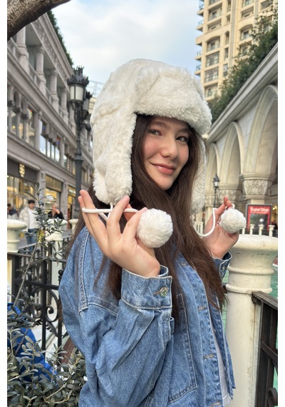 Mollycrush Genç Beyaz Peluş Pilot Şapka Uniseks Kışlık Ushanka Tarzı Bej
