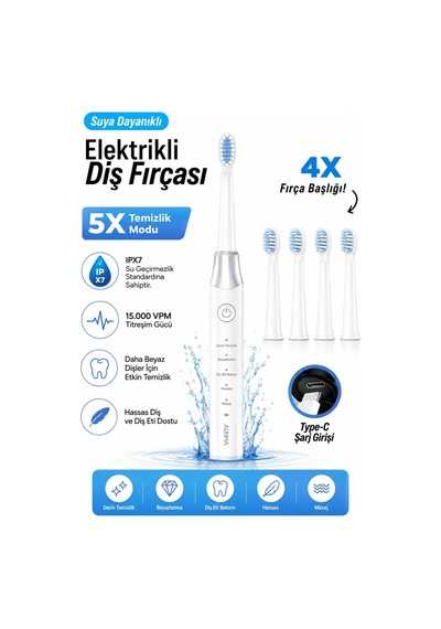 Robeve Auhma Amf13 Elektrikli Diş Fırçası 15.000 Vpm Sonic Titreşim 5 Temizlik Modu 4 Yedek Fırça Başlığı Type-c Şarj Ipx7 Suya Dayanıklı Şarjlı Diş Fırçası Beyaz