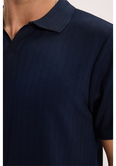 Tudors Erkek Slim Fit Dar Kesim Pamuklu Kısa Kollu Çizgili Lacivert Polo V Yaka Tişört-51125